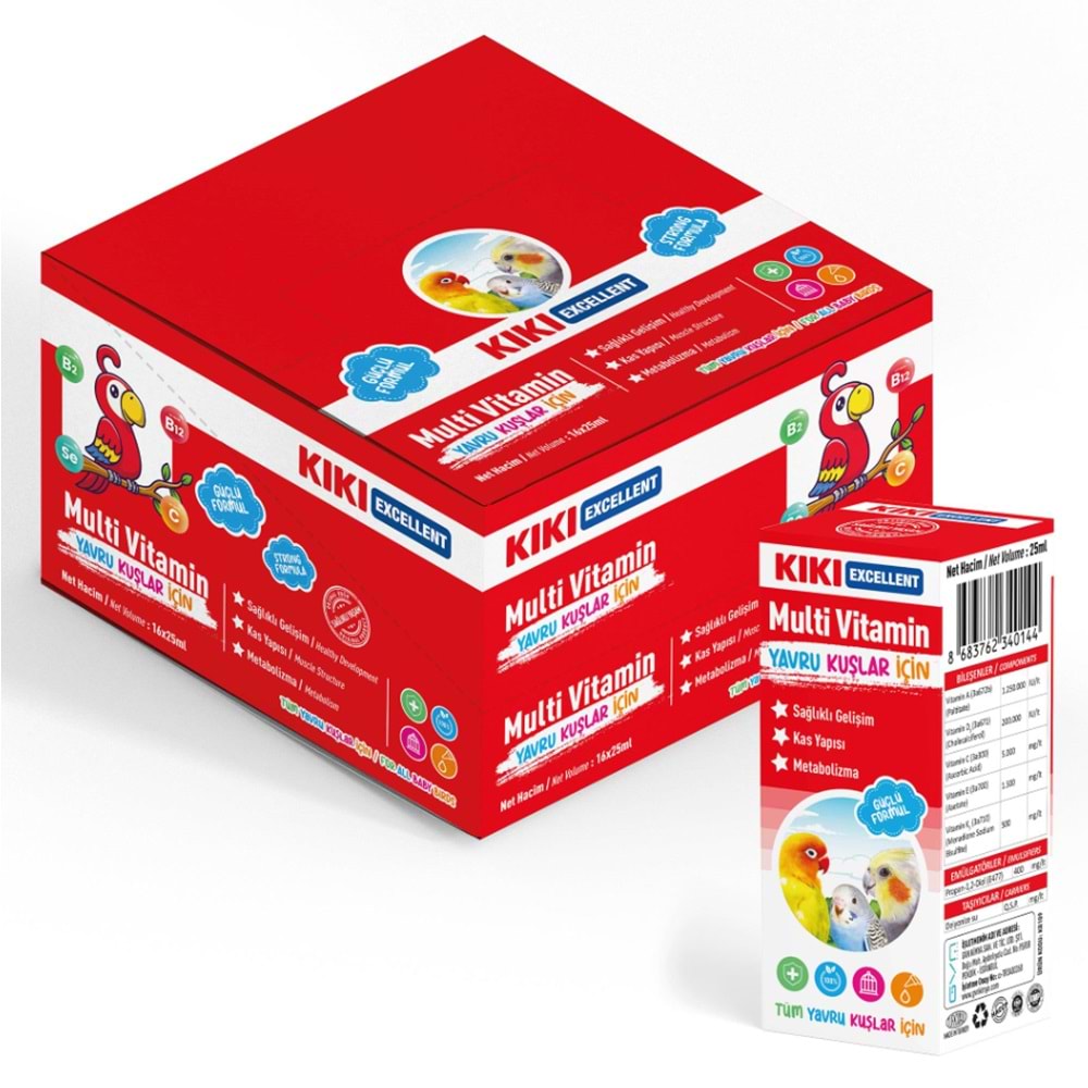 KIKI Excellent Kuş Yavru Kuşlar İçin Multi Vitamin 25 ml. 16 Adet (Kutu) KB109B16
