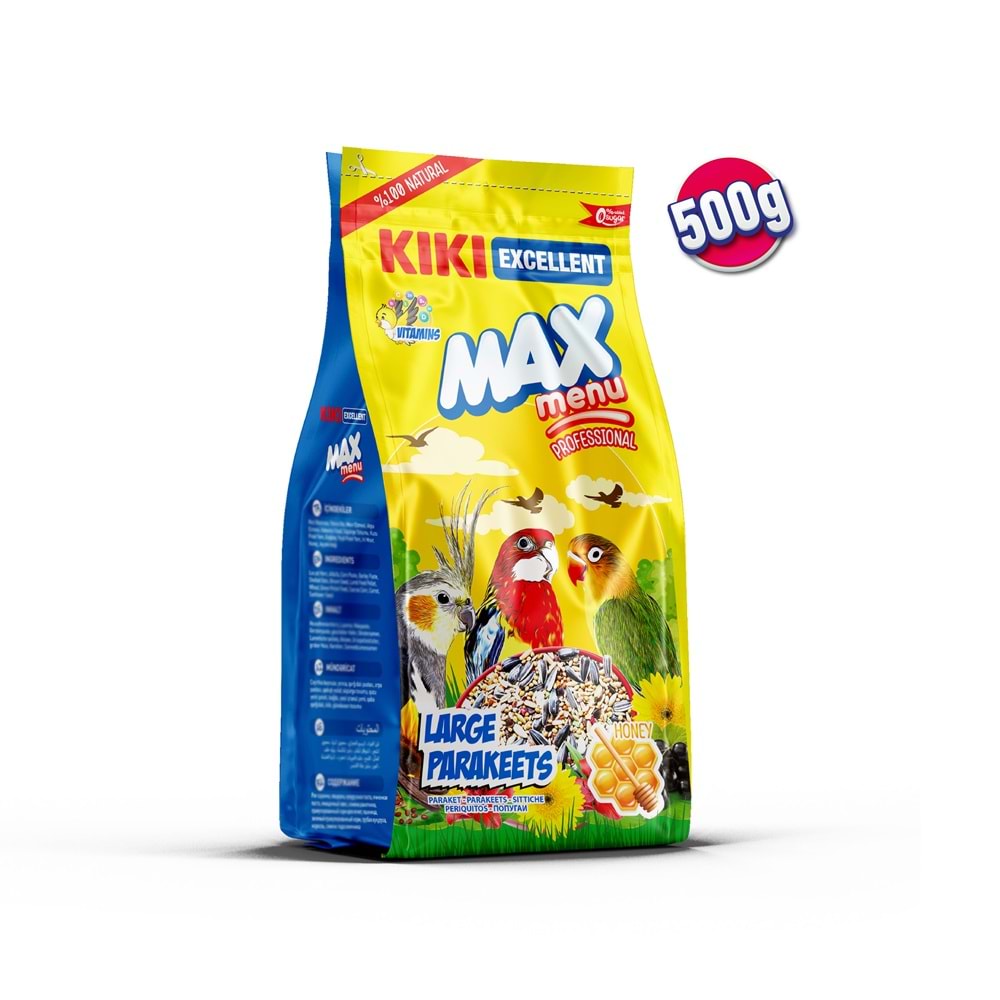 KIKI Excellent Kuş Max Menu Large Parakeets Büyük Paraket Yemi 500 gr. 12 Adet (Kutu) KB306B12
