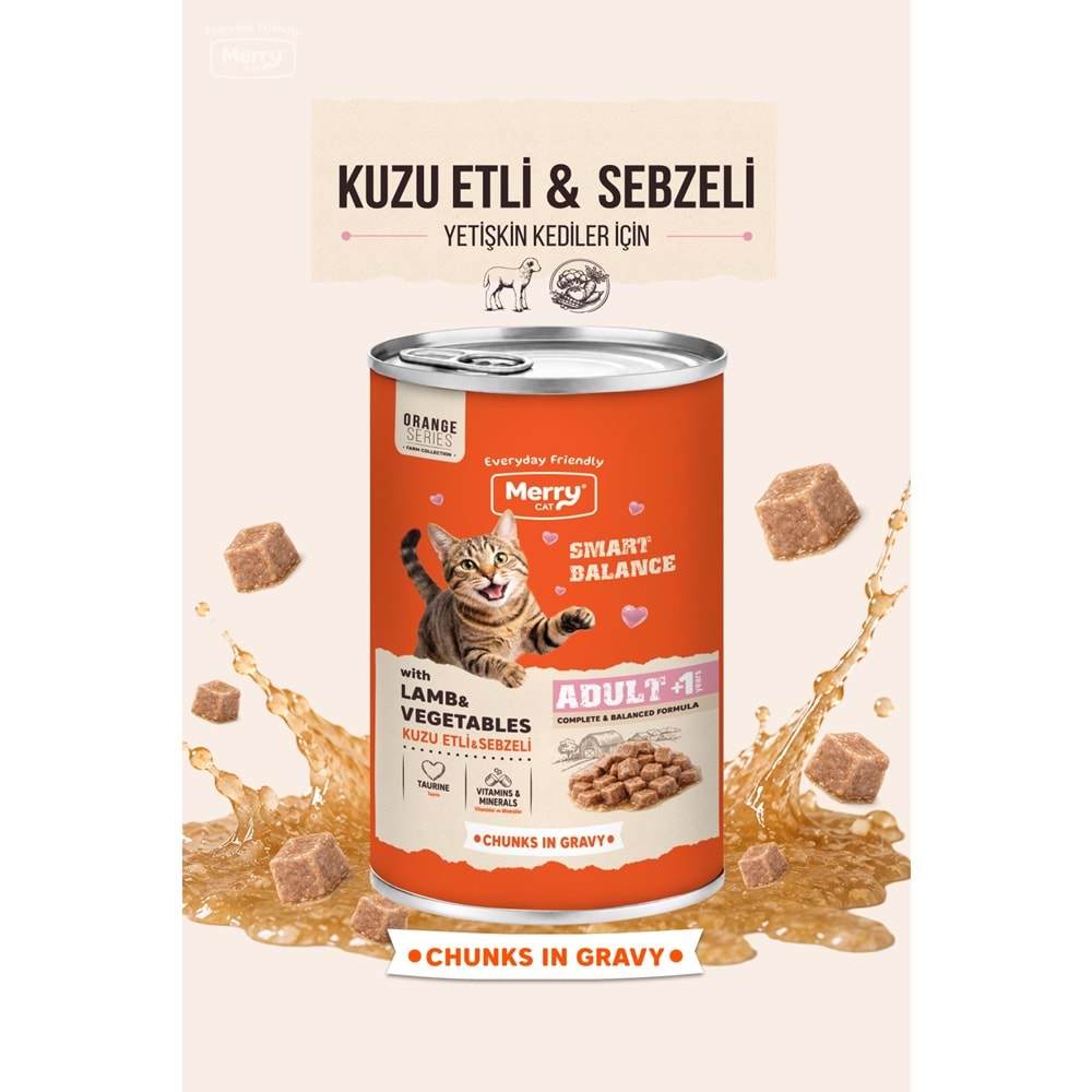 Merry Kuzu Etli ve Sebzeli Yetişkin Kedi Konserve Yaş Mama Konserve 400 Gr X 12 Adet