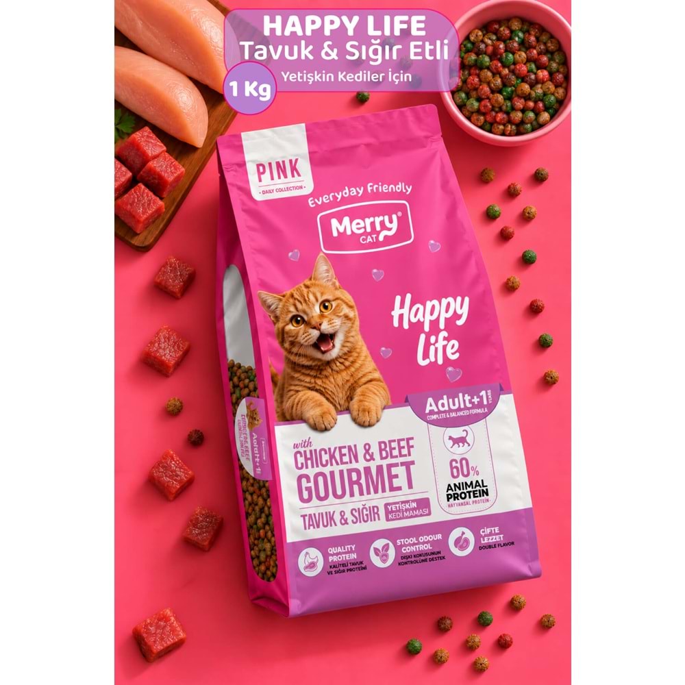 Merry Cat Pink Yetişkin Kedi Tavuklu ve Sığır Etli Gurme Kuru Kedi Maması 12x1kg