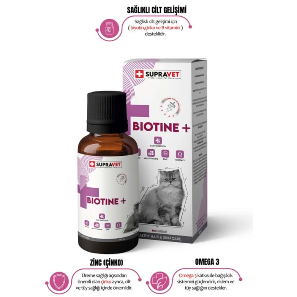Supravet Plus +B For Cats Biotine Damla 100 ML + Zinc + Multi Vitamin ( Kediler Için Tüy Sağlığı Damlası )(Biyotin)