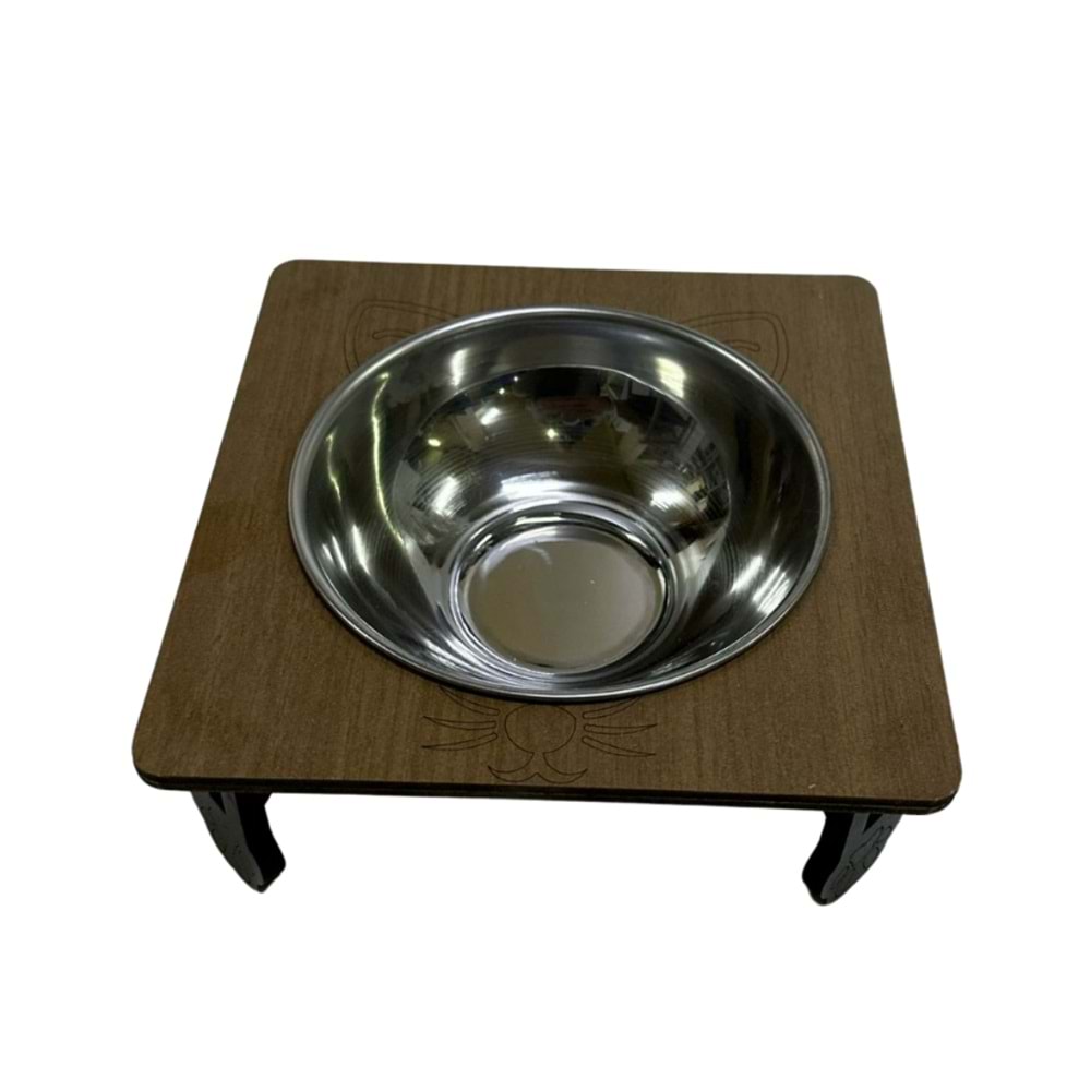 Toyapet Ahşap Ayaklı Kedi Desenli Mama Kabı Kahverengi