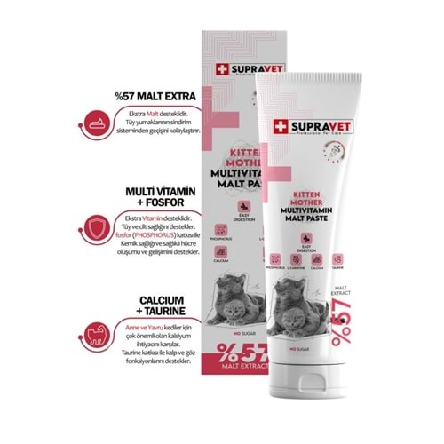Supravet Hamile ve Yavru Kediler için Kalsiyum ve Taurinli Multi Vitamin Kedi Macunu 100 Gr. ( Extra Malt )