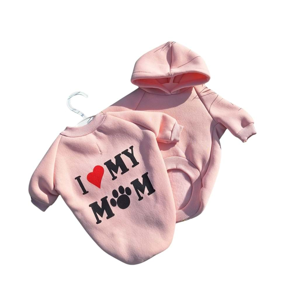 Pembe I Love Yazı Baskılı Kedi/Köpek Kıyafeti (Kapüşonlu) S-M-L-XL